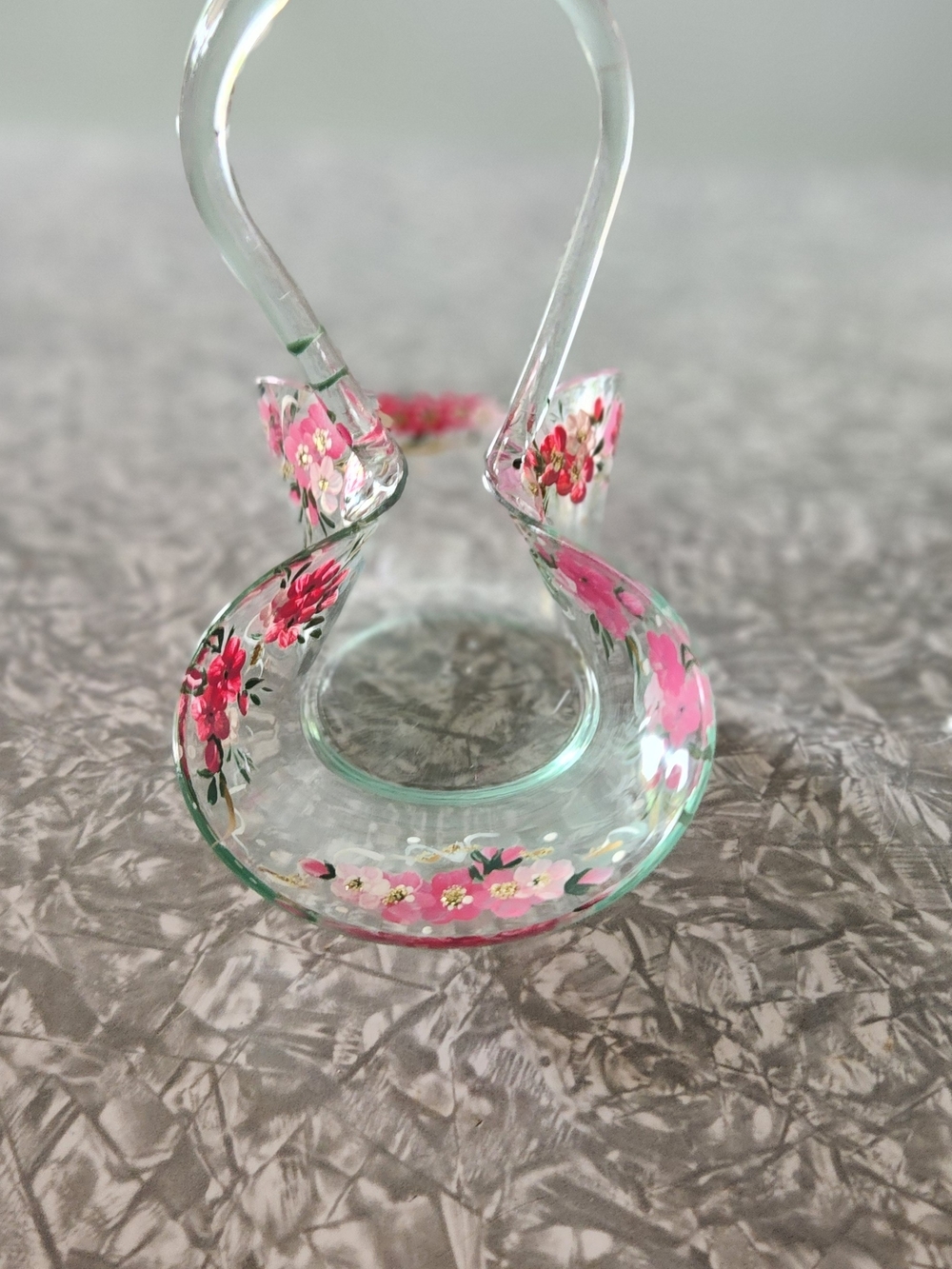 Hand-Painted Pink Floral Glass Centerpiece Basket - Picture 6 of 8